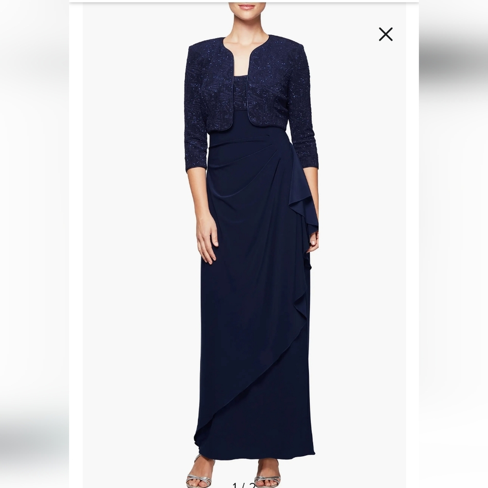 Nwt Alex Evening Draped Column Gown with Bolero Jacket size 14 navy blue